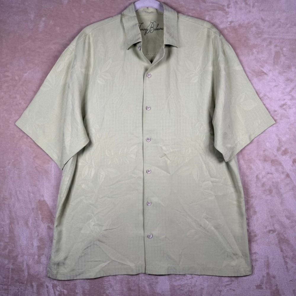 Tommy Bahama Mens L 100% Silk Short Slv Button Down Shirt Green Tropical Leaf